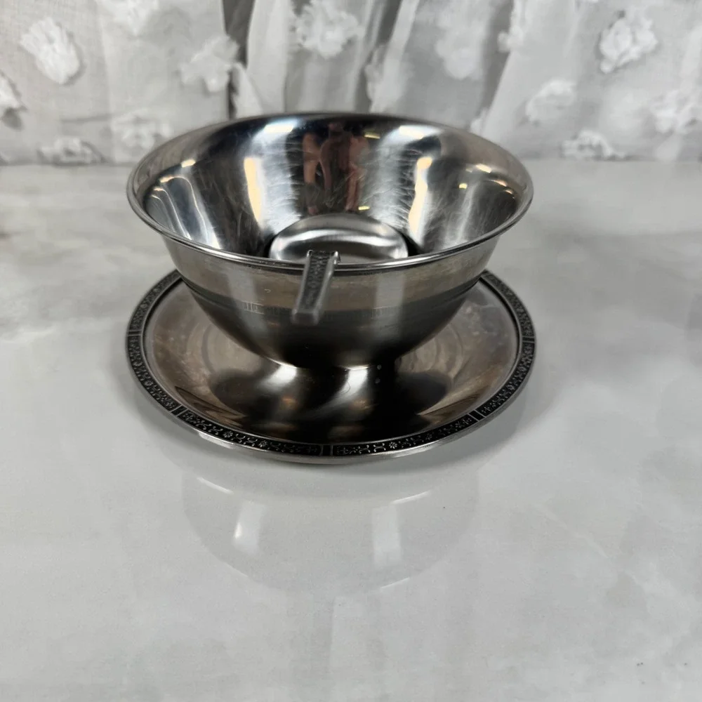 Vintage Cordova Stainless Steel Gravy Boat‎ With Ladle Attached Underplate MCM